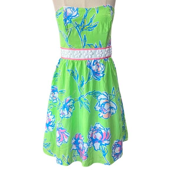 Lilly Pulitzer Green & blue floral silk blend LANGLEY Strapless dress Sundress 6 - Picture 4 of 14